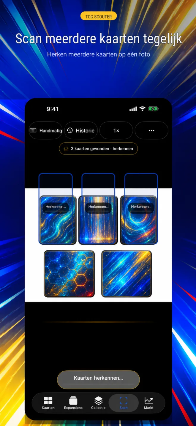TCG Scouter binderscan herkent drie kaarten die met originele abstracte placeholders worden weergegeven